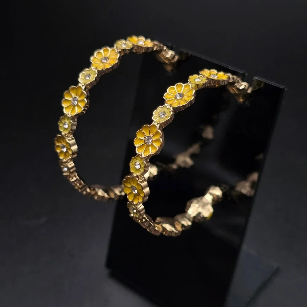 Yellow Enamel Flower Hoop Earrings Spring Easter